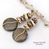 Brown Bronzite Stone Earrings with African Carved Bone & Brass Beads - Earthy Natural Boho Style Jewelry