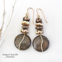 Brown Bronzite Stone Earrings with African Carved Bone & Brass Beads - Earthy Natural Boho Style Jewelry