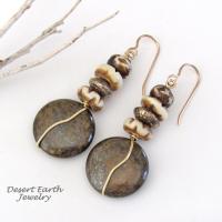 Brown Bronzite Stone Earrings with African Carved Bone & Brass Beads - Earthy Natural Boho Style Jewelry