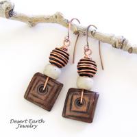 Boho Beaded Dangle Earrings with Brown Wood, Copper and African Glass Beads 