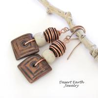 Boho Beaded Dangle Earrings with Brown Wood, Copper and African Glass Beads 