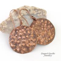 These handmade copper earrings have a rustic, hammered bumpy texture with a rustic organic, natural looking style. Perfect fo