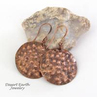 These handmade copper earrings have a rustic, hammered bumpy texture with a rustic organic, natural looking style. Perfect fo