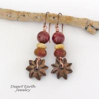 Brown Carved Wood Flower Earrings with Jasper & Fossilized Coral Beads - Earthy Natural Stone Jewelry 