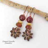 Brown Carved Wood Flower Earrings with Jasper & Fossilized Coral Beads - Earthy Natural Stone Jewelry 