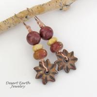 Brown Carved Wood Flower Earrings with Jasper & Fossilized Coral Beads - Earthy Natural Stone Jewelry 