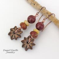 Brown Carved Wood Flower Earrings with Jasper & Fossilized Coral Beads - Earthy Natural Stone Jewelry 