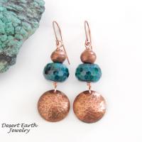 Hammered Copper Dangle Earrings with Faceted Blue Green Chrysocolla Stones