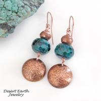 Hammered Copper Dangle Earrings with Faceted Blue Green Chrysocolla Stones