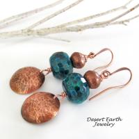 Hammered Copper Dangle Earrings with Faceted Blue Green Chrysocolla Stones