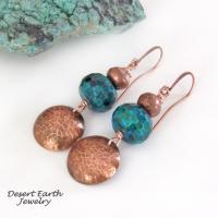 Hammered Copper Dangle Earrings with Faceted Blue Green Chrysocolla Stones