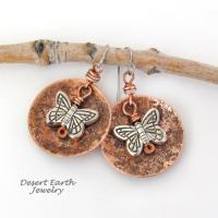 Round Copper Dangle Earrings with Silver Butterfly Charms - Earthy Nature Jewelry Gifts for Women & Teen Girls