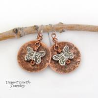 Round Copper Dangle Earrings with Silver Butterfly Charms - Earthy Nature Jewelry Gifts for Women & Teen Girls