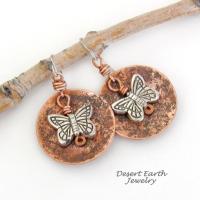 Round Copper Dangle Earrings with Silver Butterfly Charms - Earthy Nature Jewelry Gifts for Women & Teen Girls