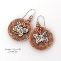Round Copper Dangle Earrings with Silver Butterfly Charms - Earthy Nature Jewelry Gifts for Women & Teen Girls