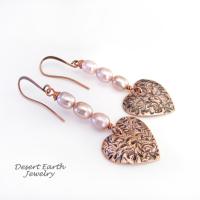 Copper Heart Dangle Earrings with Pink Pearls - Romantic Valentine's Day Jewelry Gifts 