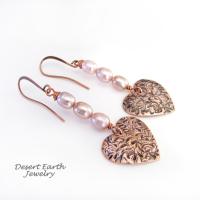 Copper Heart Dangle Earrings with Pink Pearls - Romantic Jewelry Gifts for Women