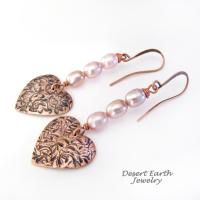 Copper Heart Dangle Earrings with Pink Pearls - Romantic Jewelry Gifts for Women