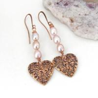 Copper Heart Dangle Earrings with Pink Pearls - Valentine Jewelry Gifts for Women