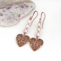 Copper Heart Dangle Earrings with Pink Pearls - Valentine Jewelry Gifts for Women