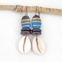 Cowrie Shell Earrings with Colorful Brown Blue Painted Wood Beads and Black Jasper Stones - Boho Tribal African Style Jewelry