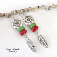 Southwest Tribal Cross Earrings with Feathers, Red Coral & Green Serpentine Stones - Native Style Southwestern Jewelry