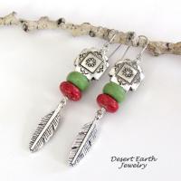 Southwest Tribal Cross Earrings with Feathers, Red Coral & Green Serpentine Stones - Native Style Southwestern Jewelry