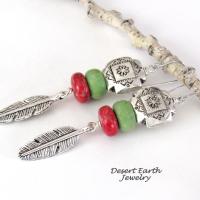 Southwest Tribal Cross Earrings with Feathers, Red Coral & Green Serpentine Stones - Native Style Southwestern Jewelry