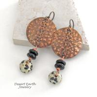 Hammered Copper Earrings with Dalmatian Jasper Stone Dangles - Unique Bohemian Tribal Style Jewelry