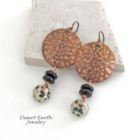 Hammered Copper Earrings with Dalmatian Jasper Stone Dangles - Unique Bohemian Tribal Style Jewelry