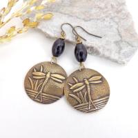 Gold Brass Dragonfly Earrings with Black Beads - Earthy Nature Jewelry Gifts