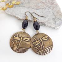 Gold Brass Dragonfly Earrings with Black Beads - Earthy Nature Jewelry Gifts