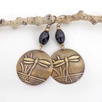 Gold Brass Dragonfly Earrings with Black Beads - Earthy Nature Jewelry Gifts
