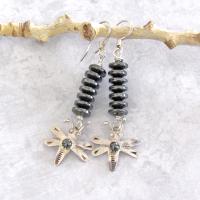 Sterling Silver Dragonfly Earrings with Gray Hematite Gemstones - Boho Whimiscal Nature Jewelry Gifts for Women or Girls