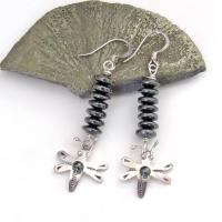 Sterling Silver Dragonfly Earrings with Gray Hematite Gemstones - Boho Whimiscal Nature Jewelry Gifts for Women or Girls