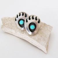 Small Sterling Silver & Turquoise Bear Claw Stud Earrings - Vintage Native Style Southwestern Jewelry
