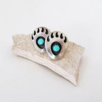 Small Sterling Silver & Turquoise Bear Claw Stud Earrings - Vintage Native Style Southwestern Jewelry