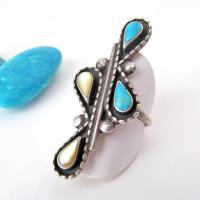 Big Bold Sterling Silver Ring with Turquoise and Mother of Pearl - Vintage Native Style Southwestern Jewelry