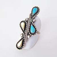 Big Bold Sterling Silver Ring with Turquoise and Mother of Pearl - Vintage Native Style Southwestern Jewelry