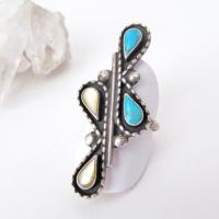 Big Bold Sterling Silver Ring with Turquoise and Mother of Pearl - Vintage Native Style Southwestern Jewelry