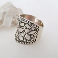 Textured Sterling Silver Wide Band Ring - Unique Modernist Style Jewelry