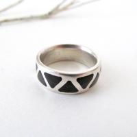 Sterling Silver Band Ring with Inlaid Black Onyx Stones - Silver Stackable Ring