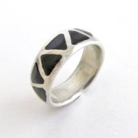 Sterling Silver Band Ring with Inlaid Black Onyx Stones - Silver Stackable Ring