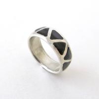 Sterling Silver Band Ring with Inlaid Black Onyx Stones - Silver Stackable Ring