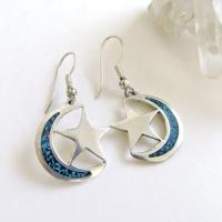 Sterling Silver Crescent Moon & Star Earrings with Inlaid Mosaic Turquoise - Celestial Jewelry