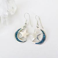 Sterling Silver Crescent Moon & Star Earrings with Inlaid Mosaic Turquoise - Celestial Jewelry