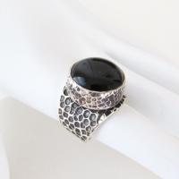 Hammered Thick Sterling Silver Band Ring with Black Onyx Gemstone