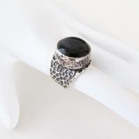 Hammered Thick Sterling Silver Band Ring with Black Onyx Gemstone