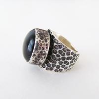 Hammered Thick Sterling Silver Band Ring with Black Onyx Gemstone