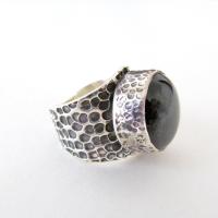 Hammered Thick Sterling Silver Band Ring with Black Onyx Gemstone